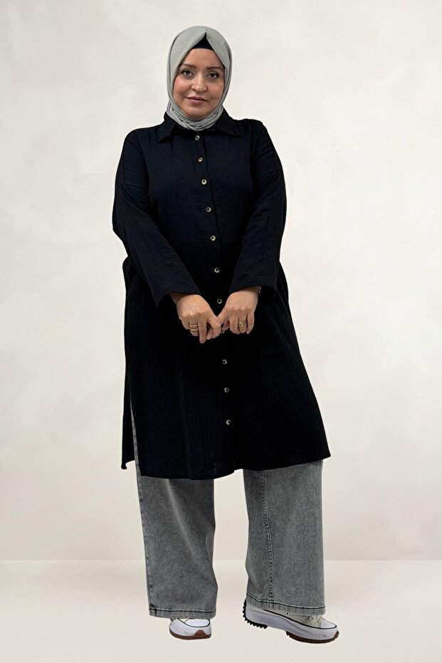 68074 Plus Size Buttoned Low Sleeve Tunic - Black