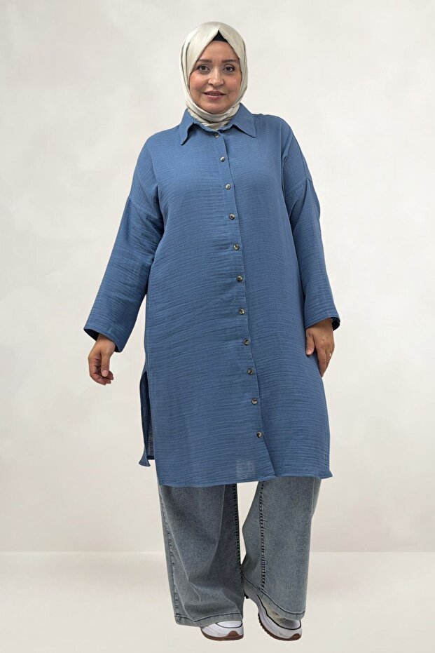 68074 Plus Size Buttoned Low Sleeve Tunic - Cold Blue