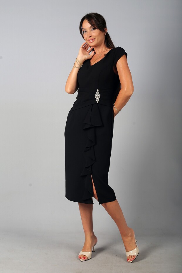 Women's V-Neck Lined Draped and Stone Detailed Flounce Crepe Midi Dress