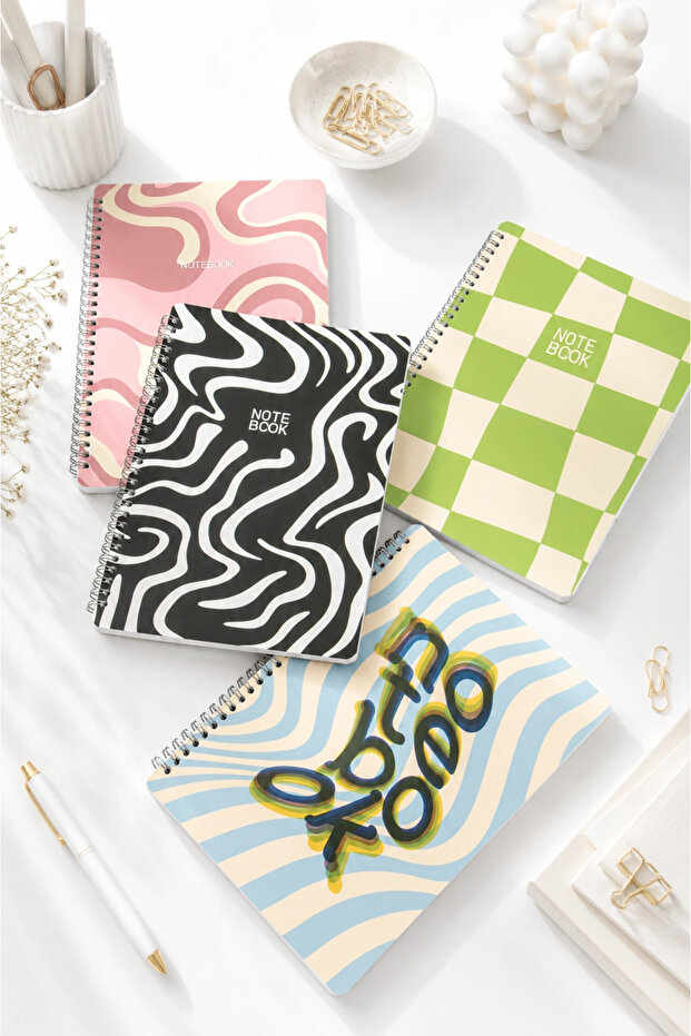 A4 and a Half Spiral Bound Cardboard Cover Set of 4 Checkered Timetable Notepad School Notebook - Pattern Party