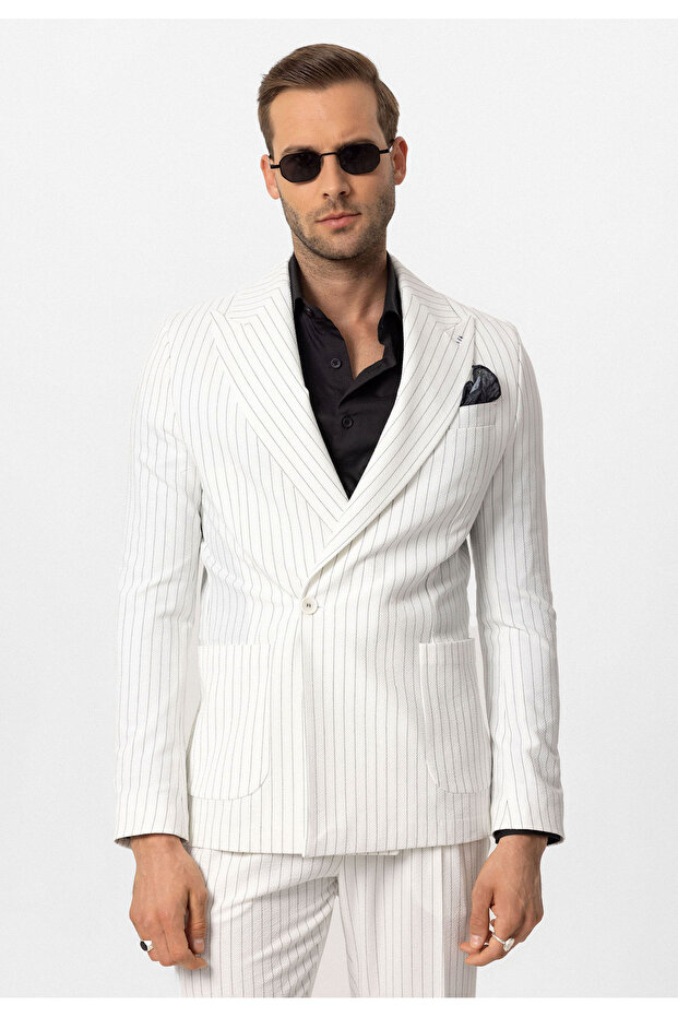 Single Button Double Breasted Striped Men's Blazer Jacket