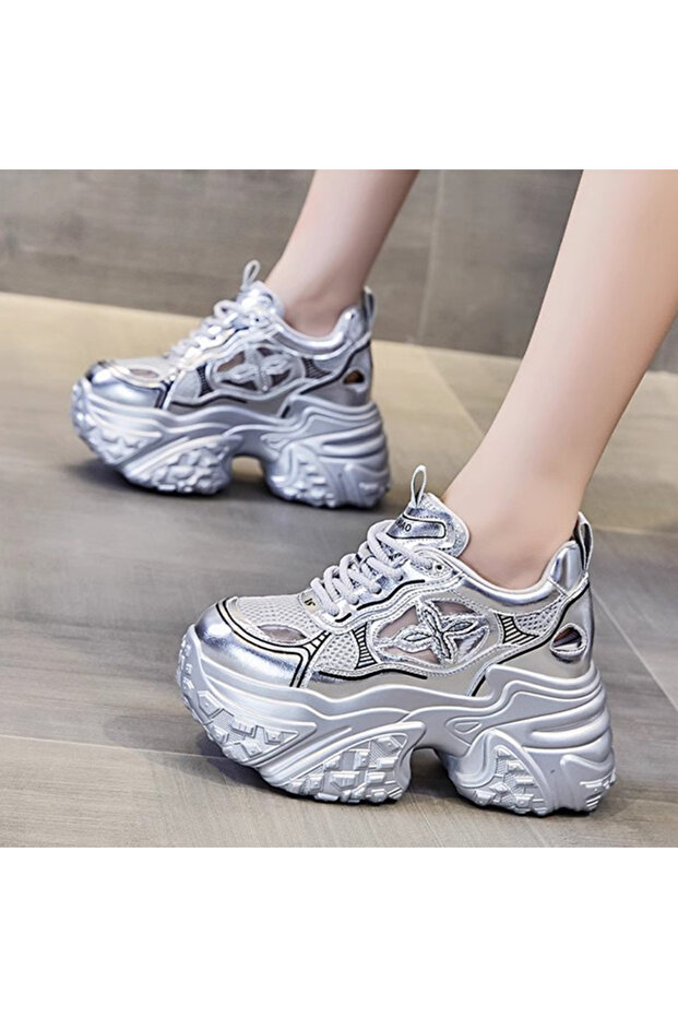 Women's Silver Cutout Platform Sneakers