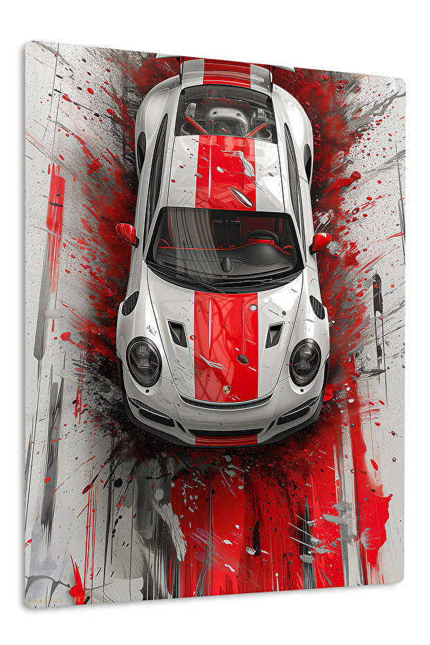White Sports Car Red Stripe Metal Wall Art