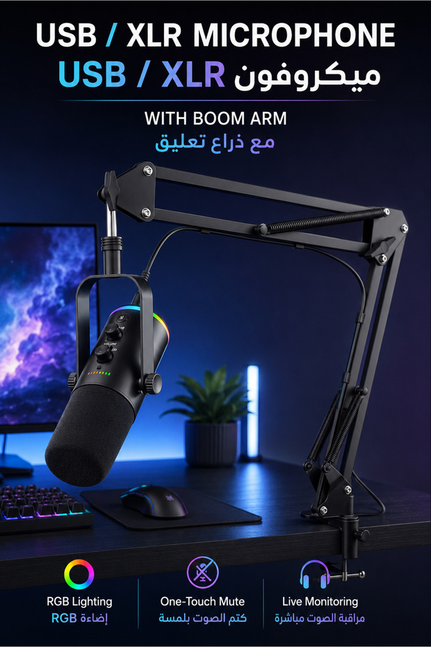 ميكروفون ديناميكي USB/XLR مع ذراع قابل للتعديل، إضاءة RGB، للألعاب والبث الصوتي، أسود - ميكروفون بذراع