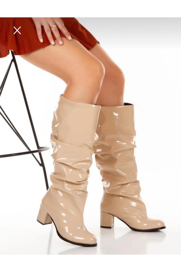 Pusi Bej Patent Leather Bellows Ankle Boots