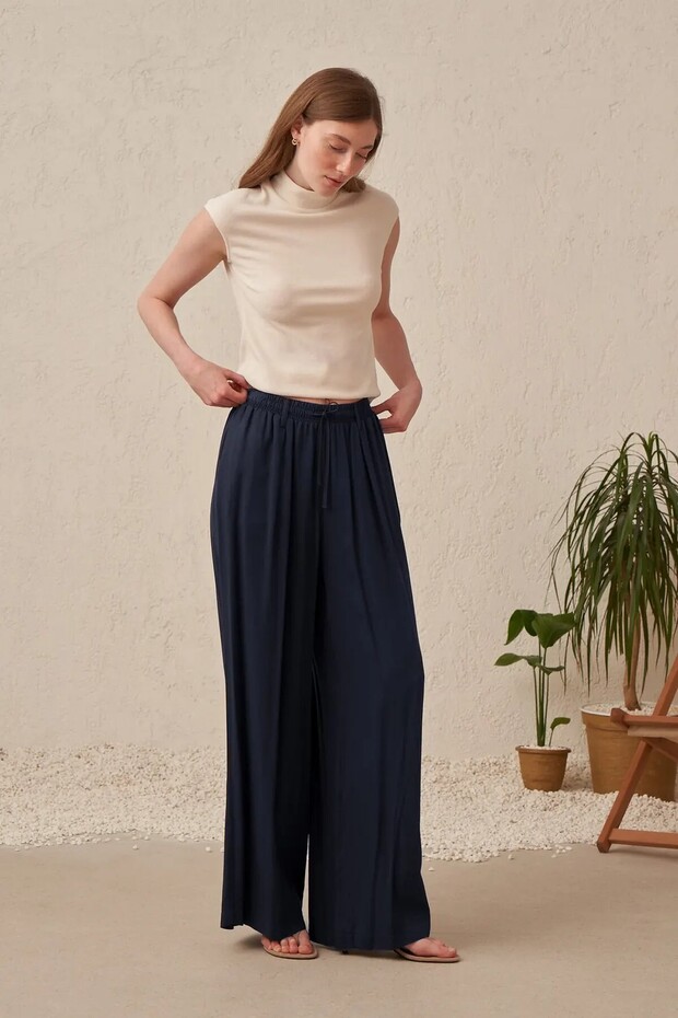 Elastic Waist Lyosel Trousers Unisex Navy Blue