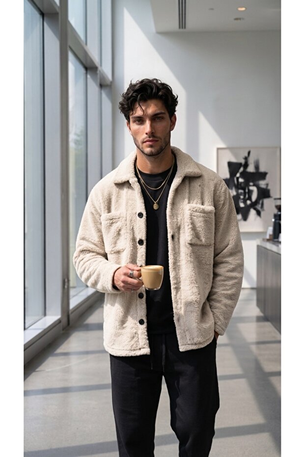 Men's Light Beige Cinnamon Buttoned Plush Jacket