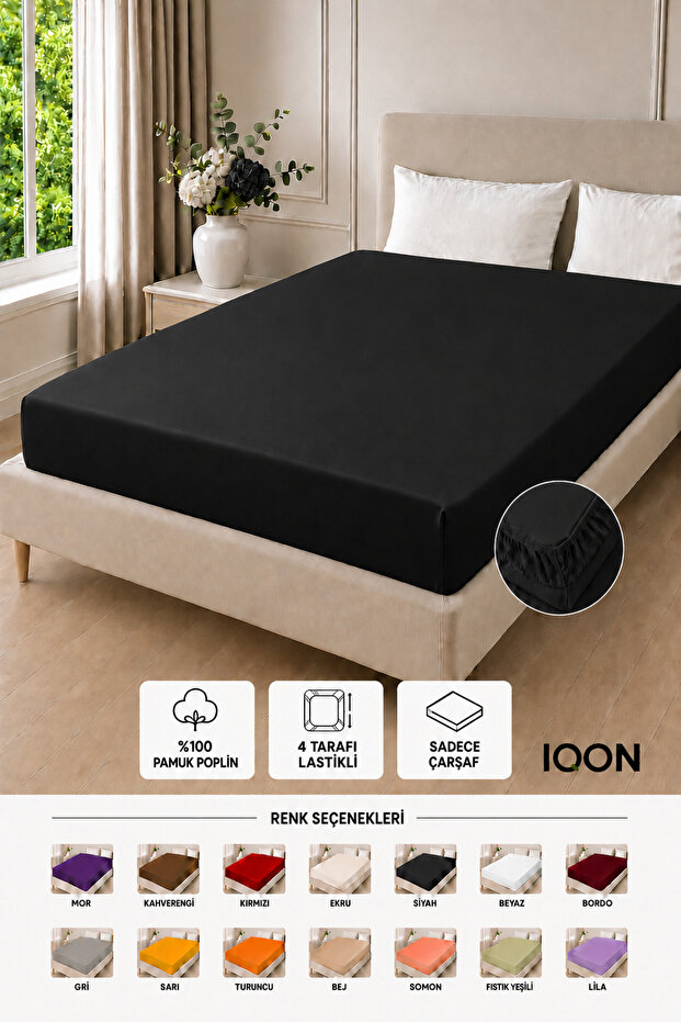 100% Cotton - Poplin Fabric 4-Sided Elastic Fitted Sheet 180X220 cm – Black 21 Colors