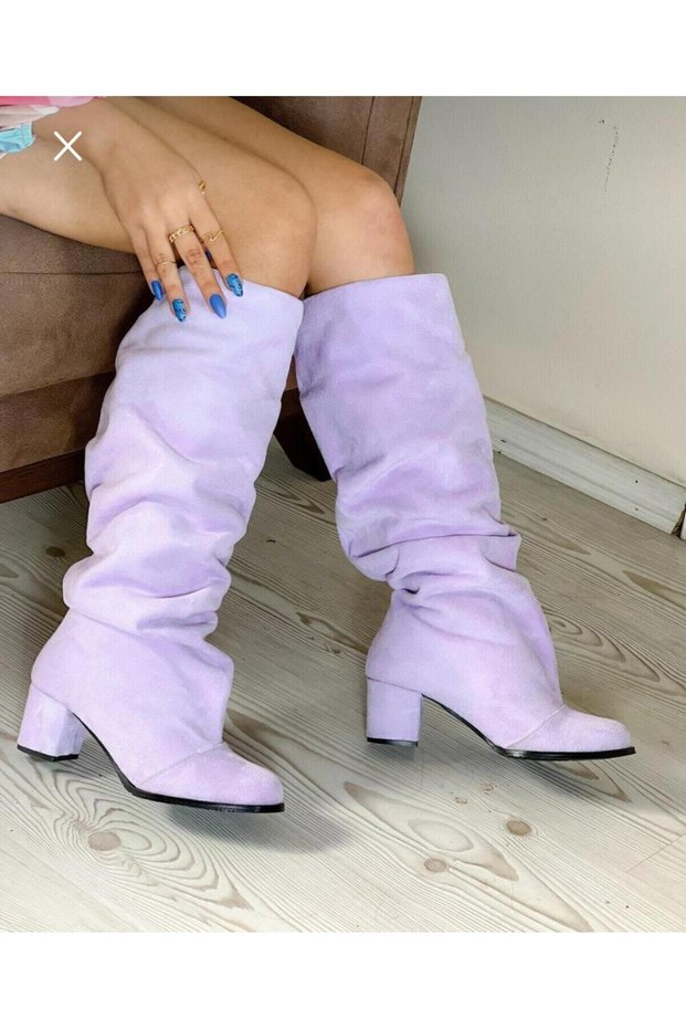 Pusi Lila Suede Bellows-Heeled over the Knee Boots