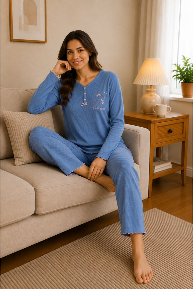 Women's Cares Fabric V-Neck Button Detailed Long Sleeve Pajama Set