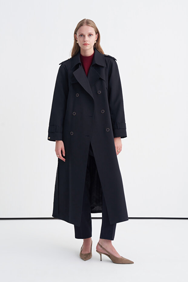 Wide Collar Belted Navy Blue Trench Coat 13820