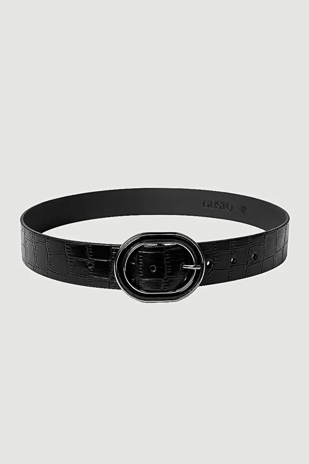 Crocodile Patterned Faux Leather Belt with Oval Buckle - Black