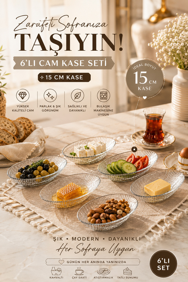 4473 Set of 6 Oval Glass Bowls 15 cm – Snack Bowl, Jam Bowl, Breakfast Bowl and Sauce Bowl