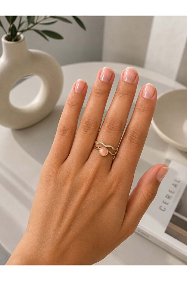 Double Gold Steel Ring with Pink Stones