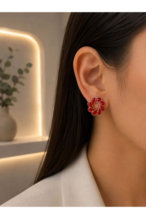 Red Enamel Flower Shaped Gold Clip Earrings