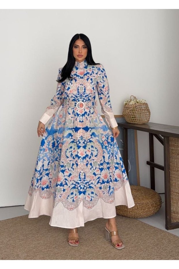 Women's Cobalt blue Pera Linen Mandarin Collar Ethnic Patterned Maxi Dress Jen2647