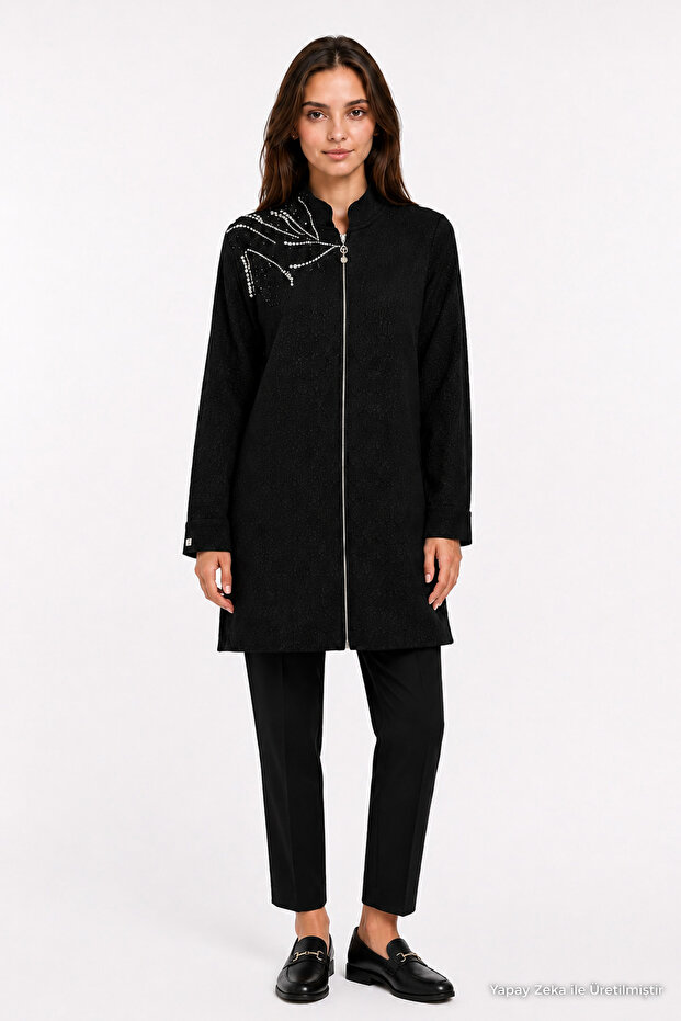 Elegant Stone Embellished Zipper Jacket Black Jacket 0190