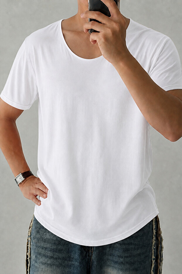 Men's Wide Collar Oval Hem 100% Cotton Single Jersey Fabric Short Sleeve Basic T-Shirt
