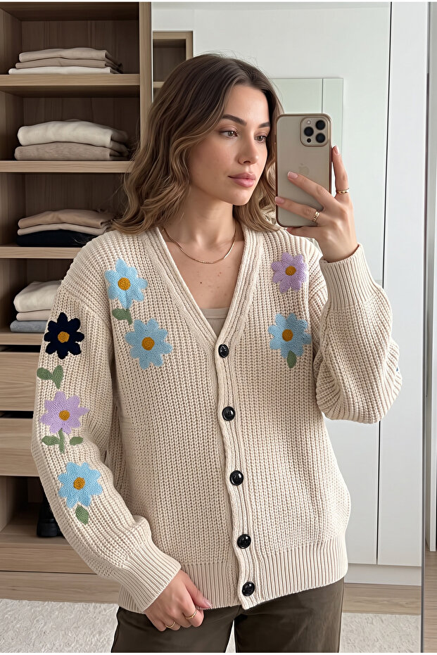 Beige V-Neck Buttoned Floral Embroidered Knitted Cardigan