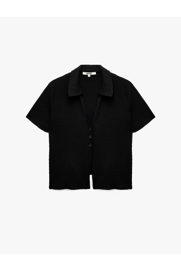 Slim Fit Wrinkled Fabric Textured Short Sleeve Buttoned Polo Collar T-Shirt