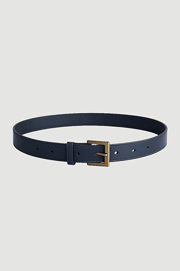 Square Buckle Faux Leather Belt - Navy Blue