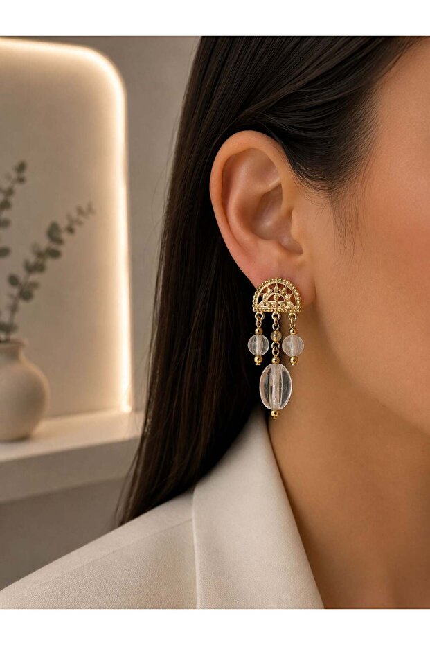 Transparent Beaded Gold Dangle Earrings