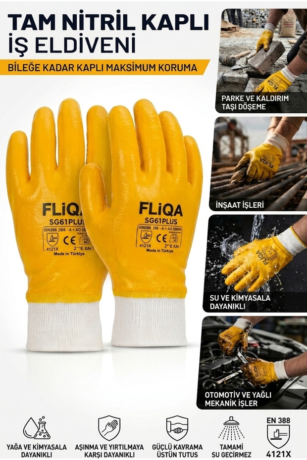 Fliqa Sg61 Plus Full Nitrile Coated Yellow Heavy Duty Work Gloves - Construction, Carpentry and Stone Laying Gloves 1Box (216Pairs)