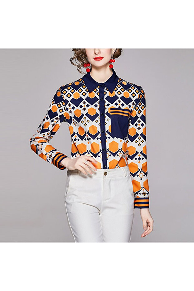 Women's Orange Geometric pattern Long Sleeve Blouse
