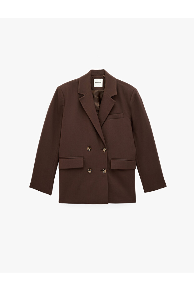 Long Sleeve Pocketed Viscose Blend Buttoned Oversize Double Breasted Collar Blazer Jacket
