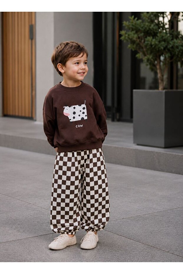 Cow Printed Plaid Trousers 2-Piece Sweat Set – Brown Unisex