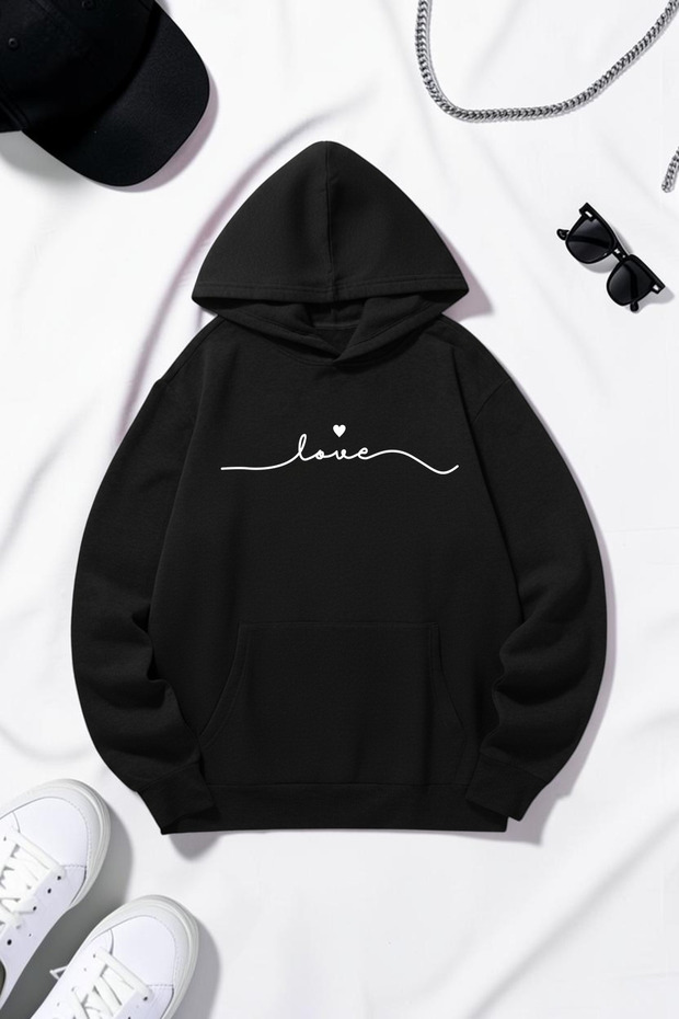 Unisex Love Printed Oversize Hoodie Hooded Sweatshirt