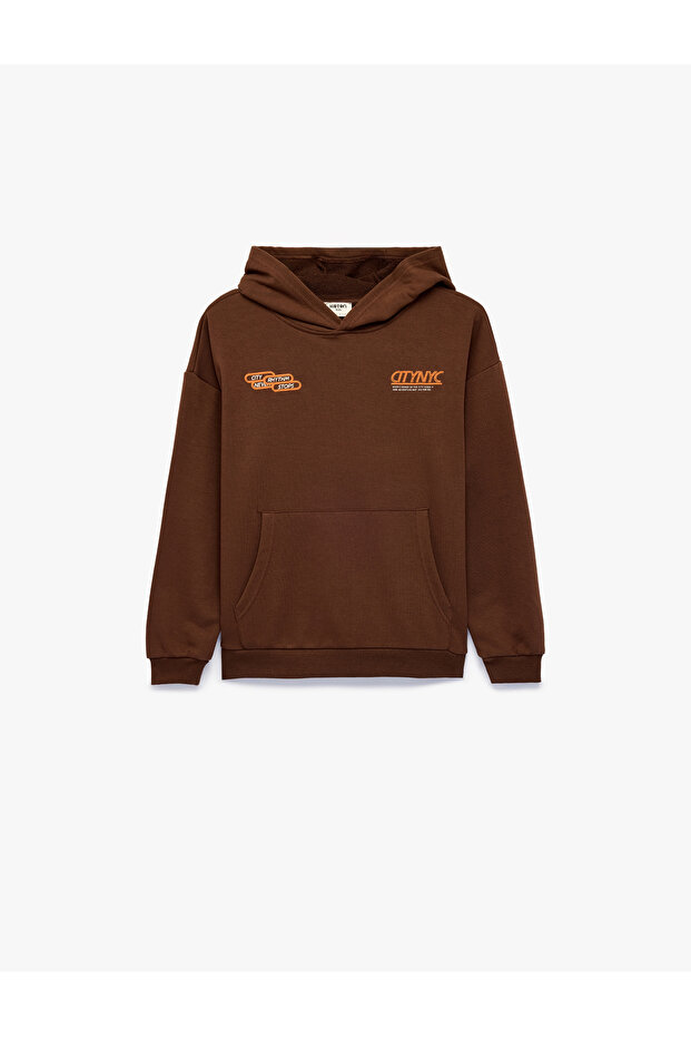 Long Sleeve Three Thread Hooded Printed Sweatshirt with Kangaroo Pocket Detail