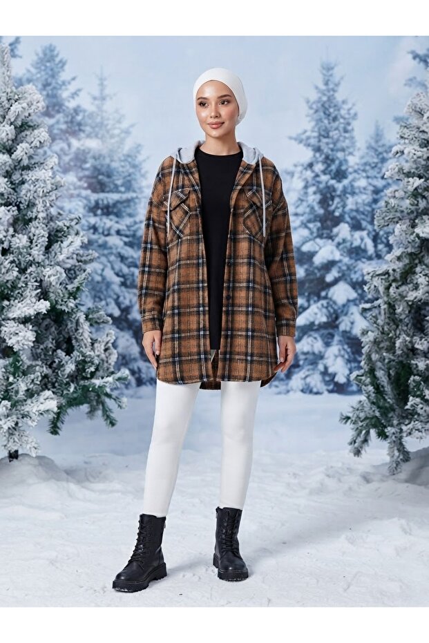 Hooded Buttoned Brown Plaid Tunic Shirt
