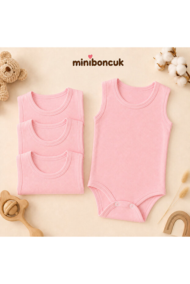 100% Cotton 4-Piece Pink Strappy Baby Bodysuit Set