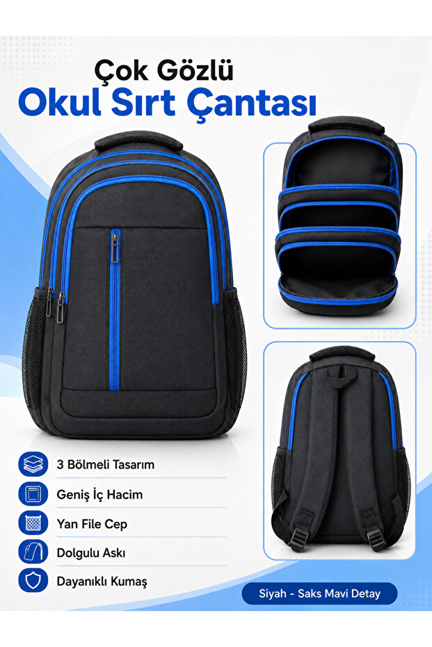 Multi-Compartment Unisex School Backpack – Large Front Pocket with Vertical Zipper, Side Mesh Pockets, Padded Straps