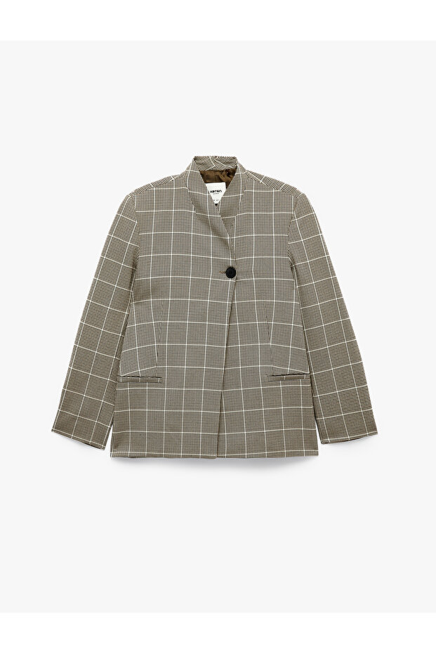 Long Sleeve Pocket Detailed Buttoned Plaid Patterned Double Breasted Collar Blazer Jacket