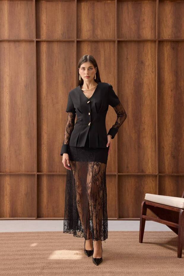 Women's Black Lace Buttoned Jacket Skirt Set