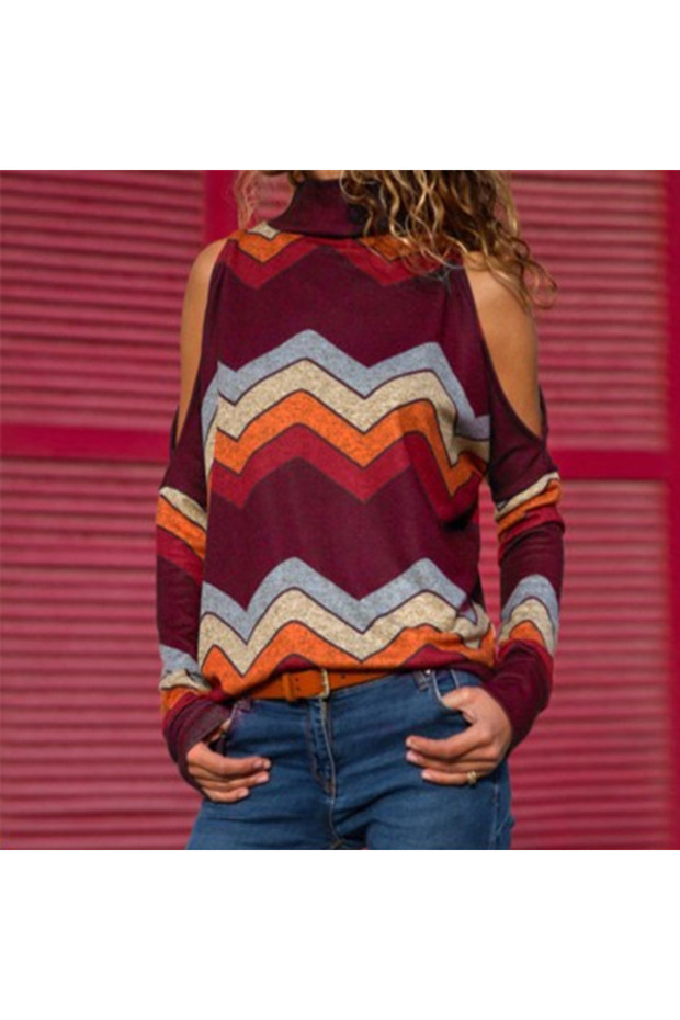 Women's Geometric pattern High Neck Long Sleeve Blouse