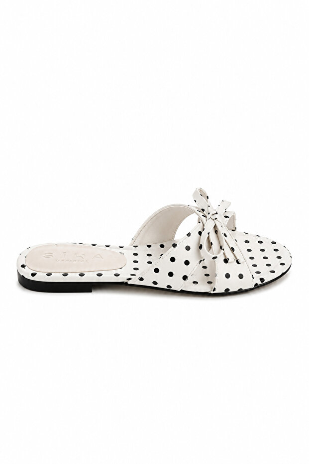 Polina White Polka Dot Patterned Satin Slippers with Bow