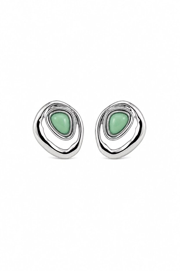 Mint Green Stone Geometric Steel Earrings - Silver