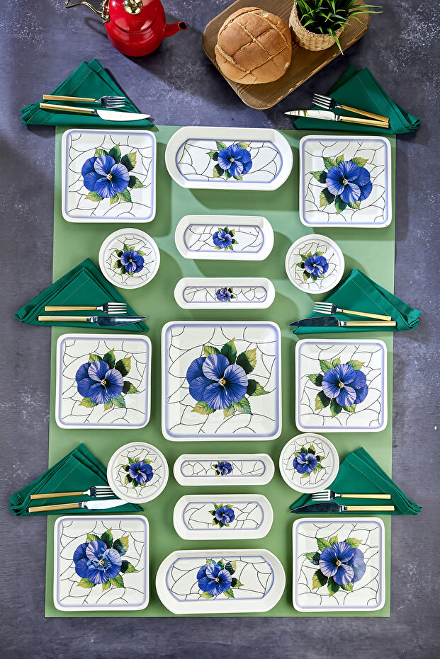 17-Piece Blue Nefes Series Premium Breakfast Set/Breakfast Utensils Set/Presentation Cake Plate for 6 People
