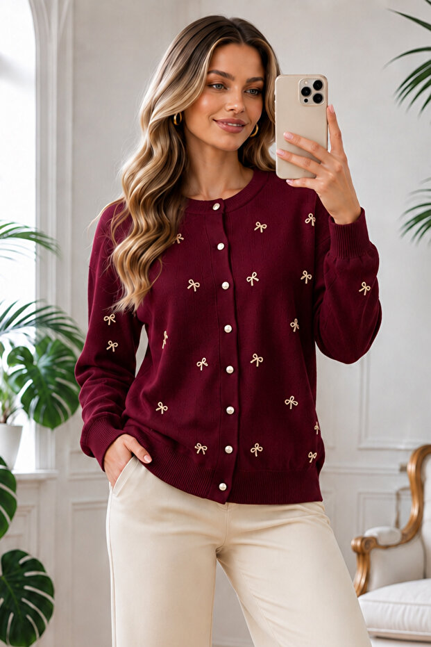 Bow Detailed Knitwear Cardigan N3221 Claret Red