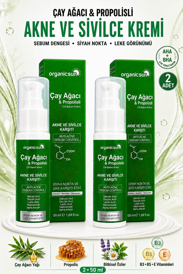 Tea Tree and Propolis Anti-Acne Skin Care Cream 2 Pieces X 50 ml – Blackhead and Blemish Appearance Care