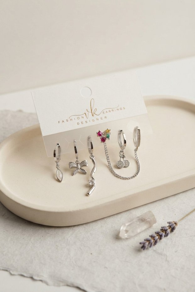Silver Color Brass Zircon Stone Cherry Detailed 6-Piece Earring Set Combination