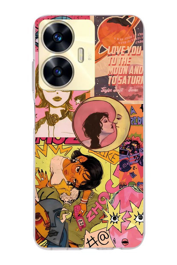 Realme C55 Compatible Pop Art Drawing Collage Patterned Transparent Phone Case