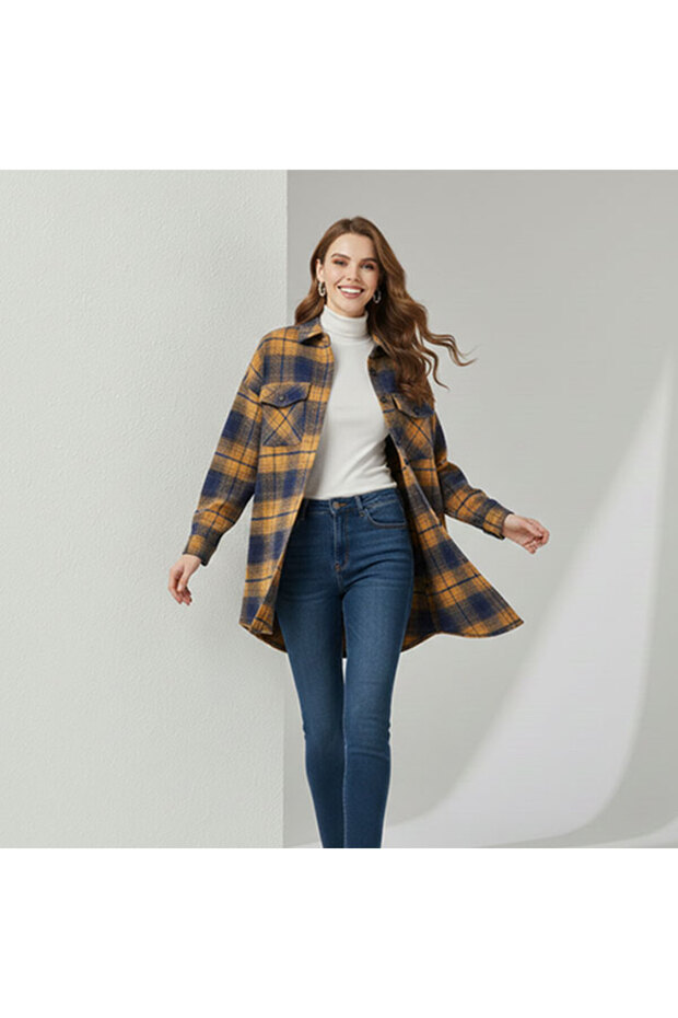 Women's Yellow Plaid Long Sleeve Shirt