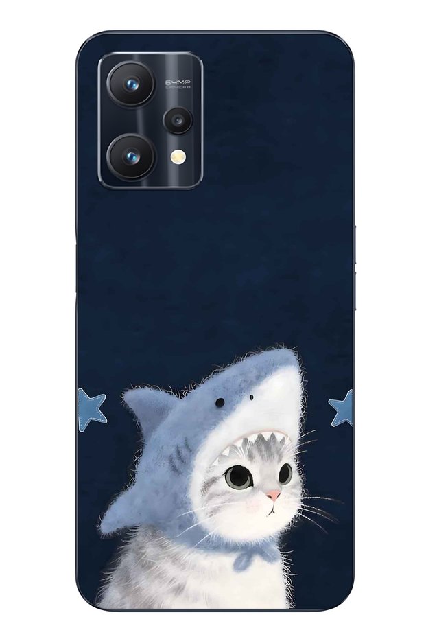 Realme 9 Pro Compatible Transparent Phone Case with Shark Costume and Cat Pattern