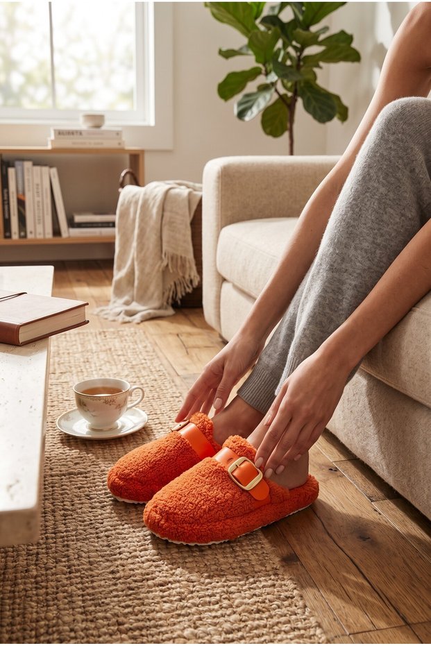 Women's Plush House Slippers – Warm Winter House Slippers with Buckle and Fur