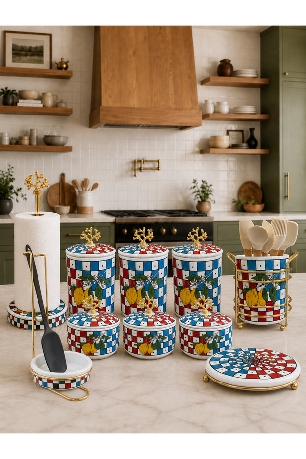 Kitchen Set - Dowry Set 105 Flat Lids 10 Pieces Lemon Checker Color Pattern Gold