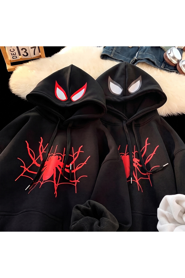 Lover - Friend Couple Combination Spider-Man Chest and Hood Printed Special Design Hooded Sweatshirt 2-Piece Set